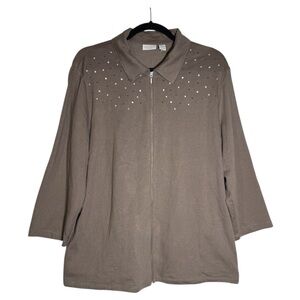 Chico’s WEEKENDS Zip Up Sweater Brown Embellished Size 3 / XL Collared